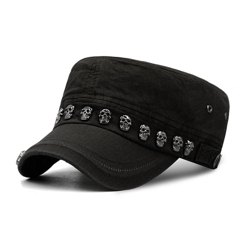 Men Baseball Cap Flat Hats  Skull Rivet Flat Top Hat Outdoor Leisure Military Hat