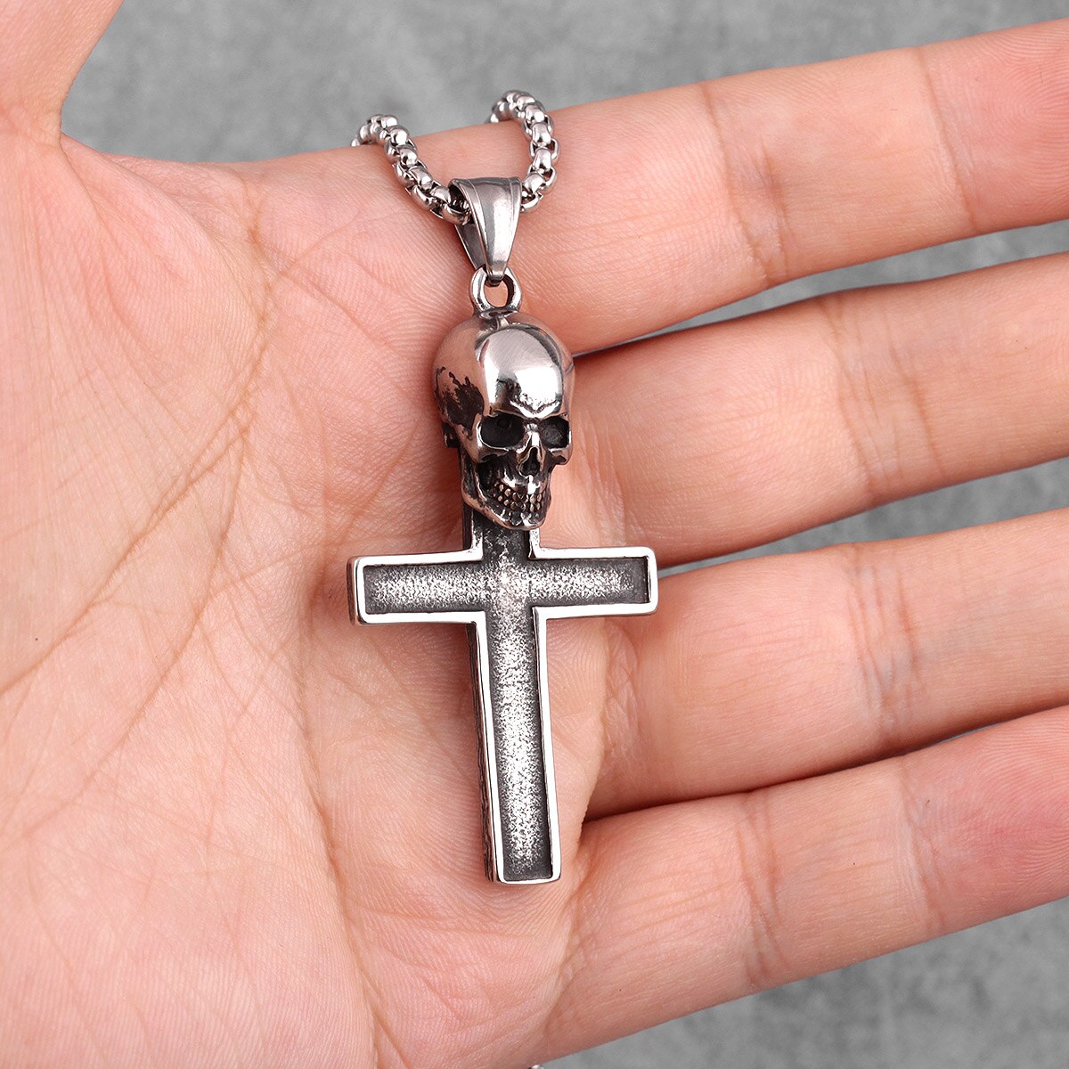 Stainless Steel Gothic Skull Cross Long Men Necklaces Pendants Chain Punk