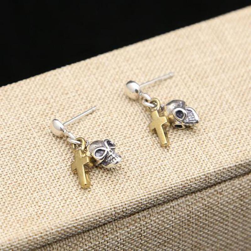 Real Pure 925 Sterling Silver Skull Earrings For Women With Gold