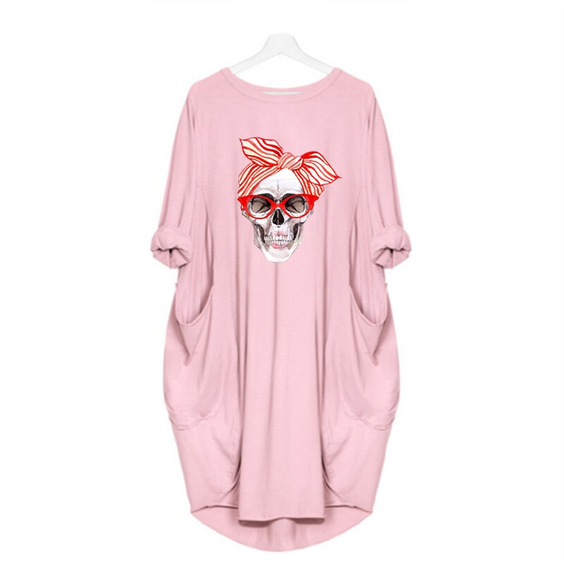 Plus Size 5XL Women's Dress Skull Print Long Sleeve O Collar Pocket