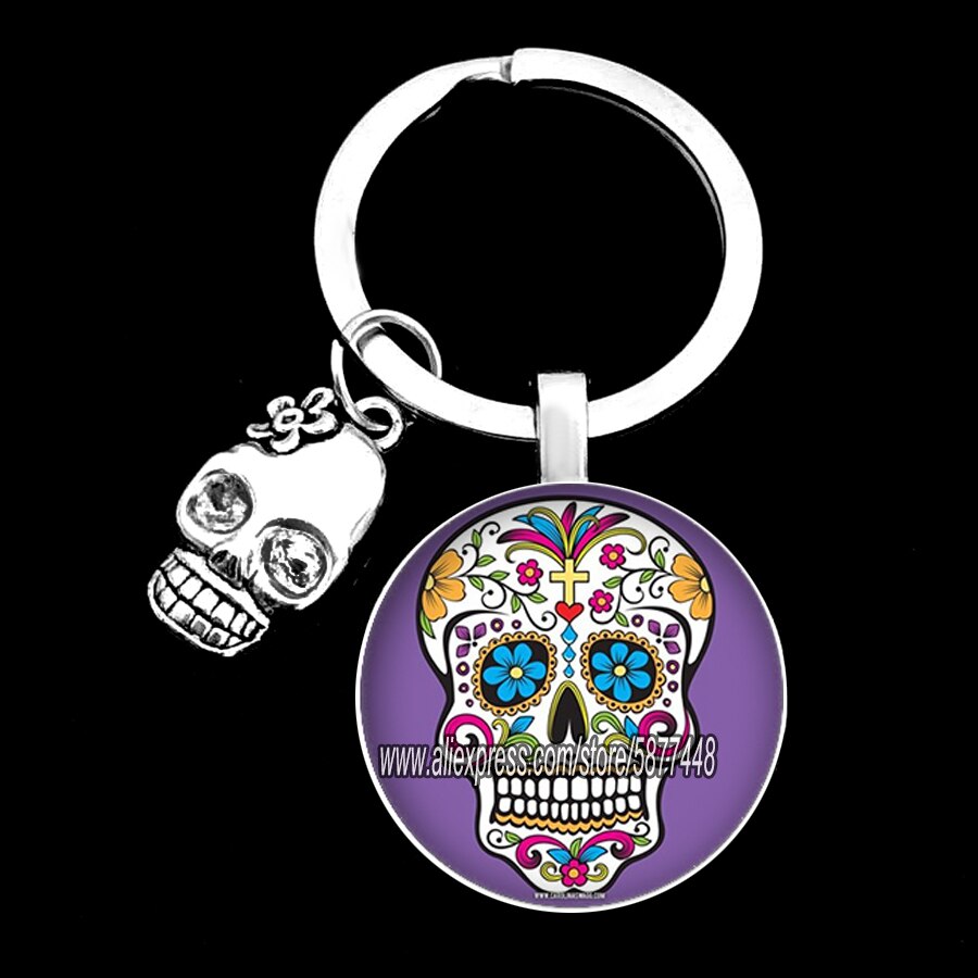 Exquisite Colorful Sugar Skull Pendent Glass Keychain Skeleton and Flower Key Ring for Unisex