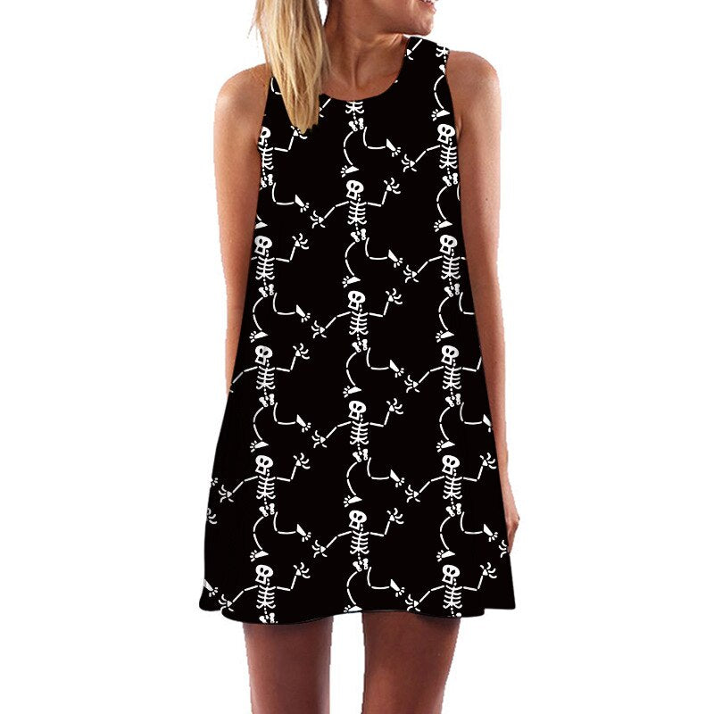 Women Summer Skull Dress Sundress 3D Printed Vintage