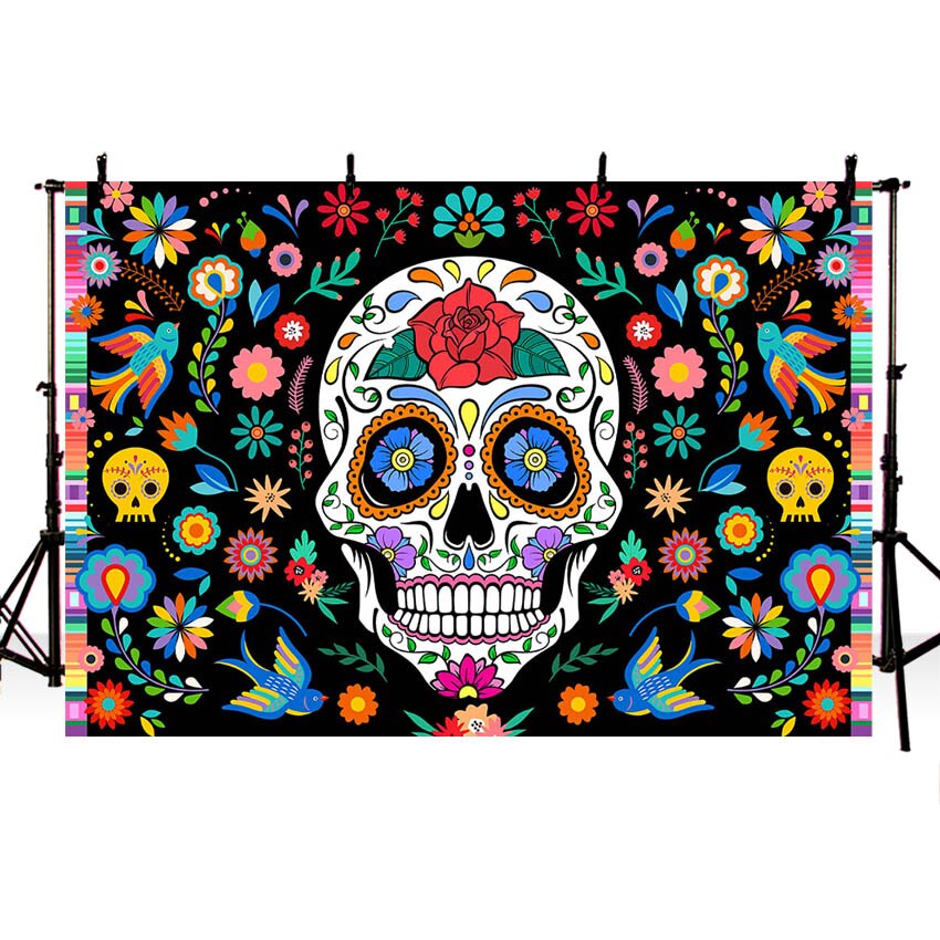 Day of The Dead Backdrop for Mexican Fiesta Sugar Skull Flowers Photography Background Dia DE Los Muertos Birthday Party Decor