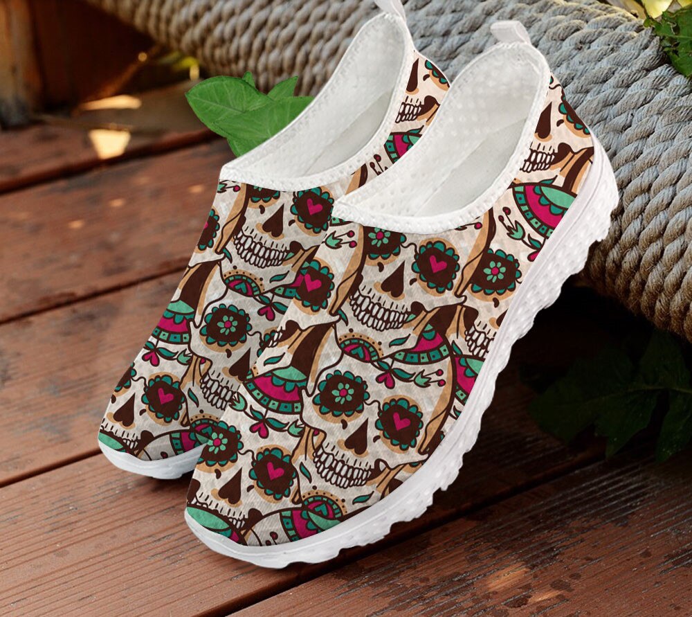 Breathable Ladies Mesh Flat Shoes Brand Design Sugar Skull