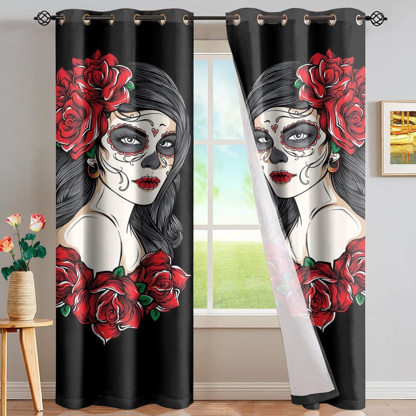 Sugar Skull Day Of The Dead Design Red Window Curtain