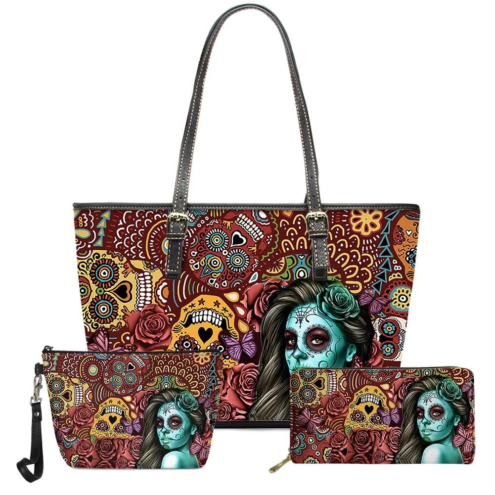 3pcs Fashion Sugar Skull Girl Pattern PU Leather Handbags Women Bag Set