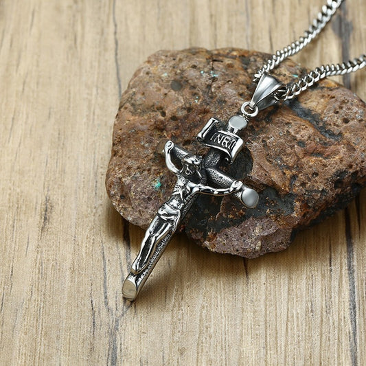 Vantage Mens Crucifix Necklace Ancient silver color Stainless Steel