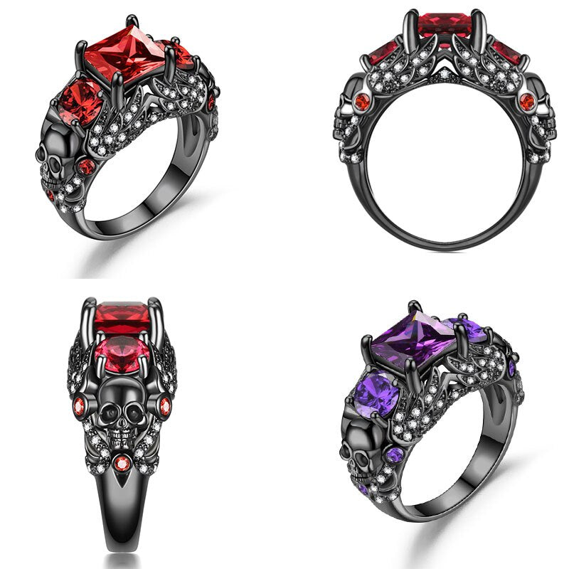 Skull Angel Ring Women Purple Crystal CZ Rings Black