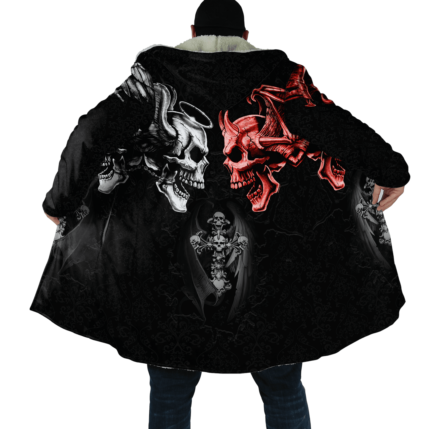 Winter Mens Cloak Gothic Reaper Skull Tattoo Fleece Hooded Cloak Coat Unisex Casual Thick Warm Cape coat, Halloween cloak coat