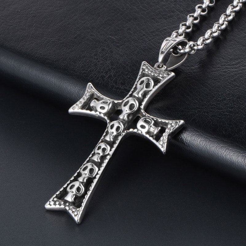 Punk Skull Devil Head Pendant Alternative Cross Men's Titanium Steel Necklace