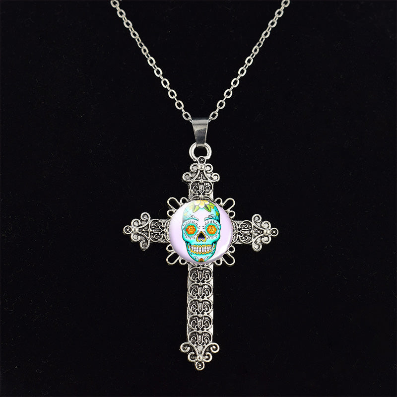 Sugar Skull Picture Glass Dome Cross Pendant Chain Necklace Punk Jewelry