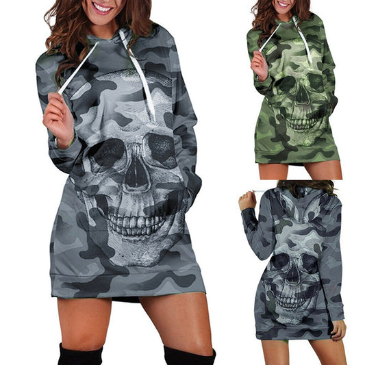 Sweashirt Dress Women Long Sleeve Casual Hooded Camouflag Skull