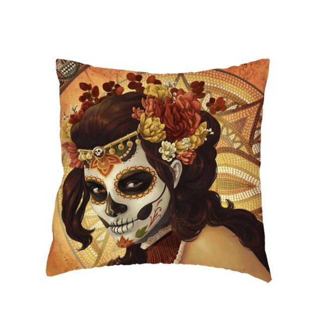 Colorful Sugar Skull Polyester Cushion Cover White Mexican Style