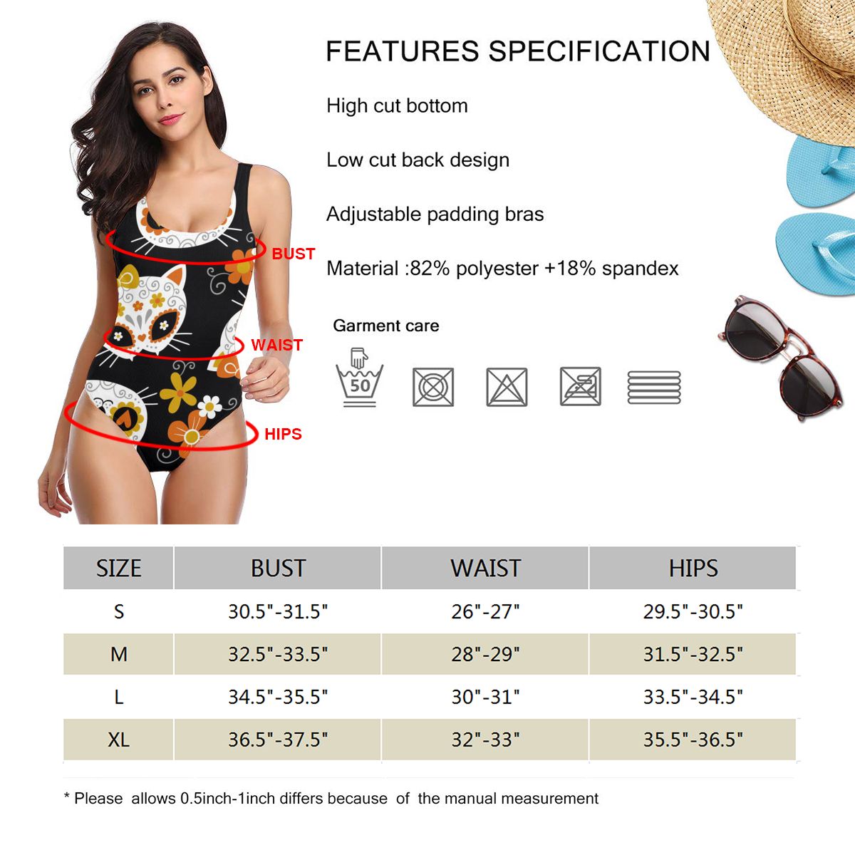 Swimwear Swimsuit Women Backless Cat Sugar Skulls And Flowers Swimsuit