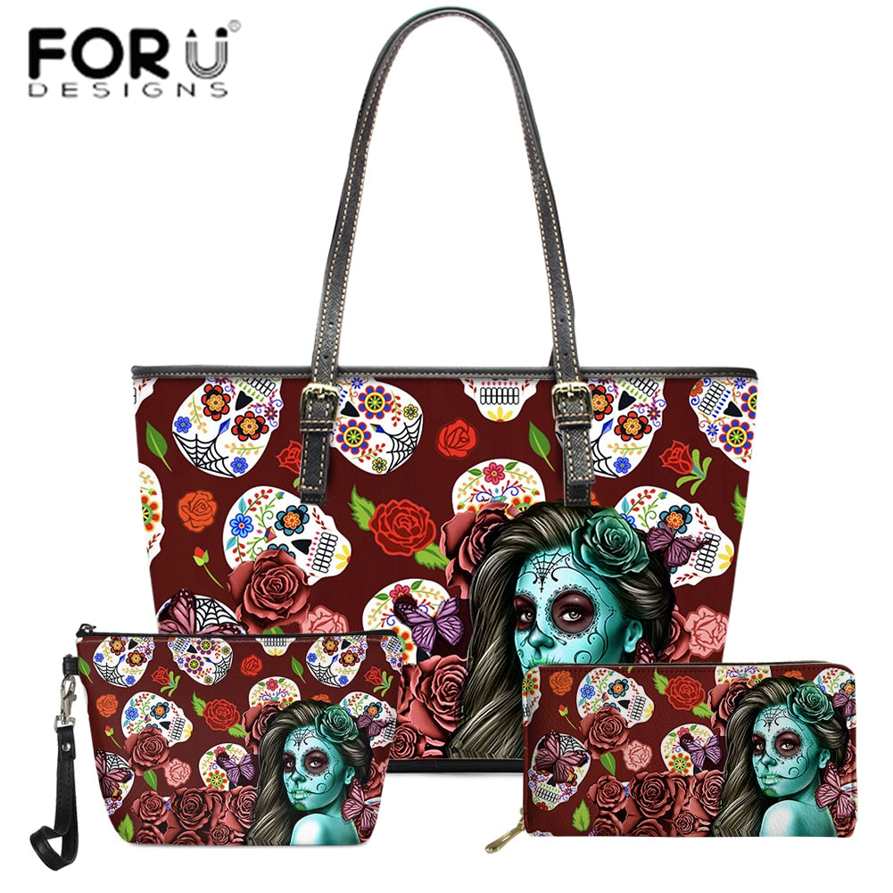 3pcs Fashion Sugar Skull Girl Pattern PU Leather Handbags Women Bag Set