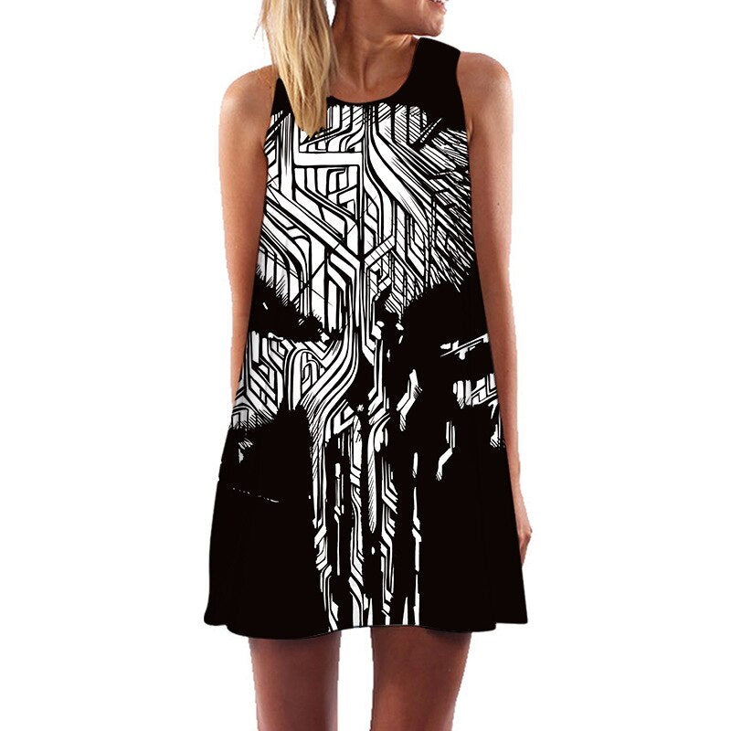 Women Summer Skull Dress Sundress 3D Printed Vintage