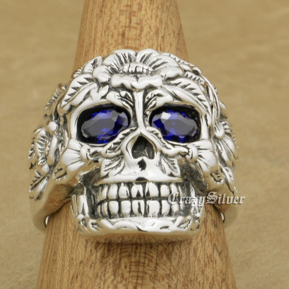 925 Sterling Silver Flower Skull CZ Eyes Mens Biker Rocker Punk Ring US Size 7~15