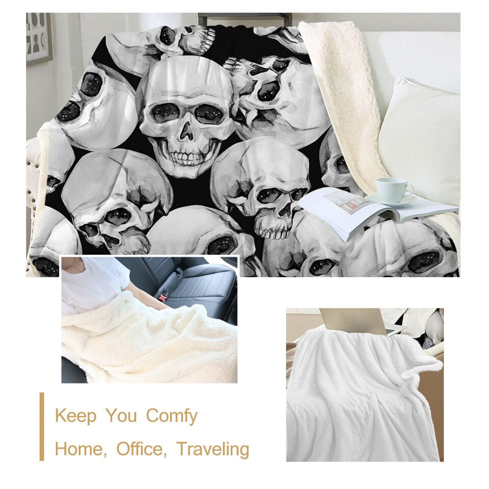 Skull Plush Blanket Watercolor Sherpa Blanket Gothic Bedding Black White