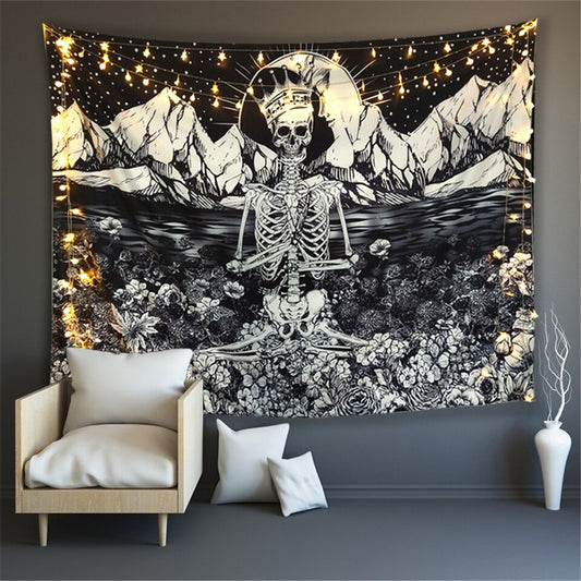 Skull King Meditating In Flowers Moon Tapestry Mandala Carpet