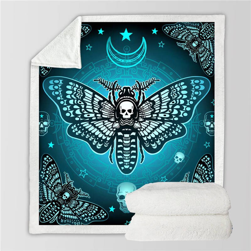 Moth Sherpa Throw Blanket Gothic Skull Astrology Bedspreads Butterfly