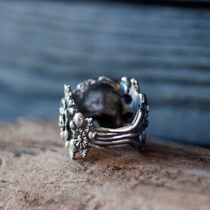 Gothic Mexican Flower Sugar Skull Rings Women Silver