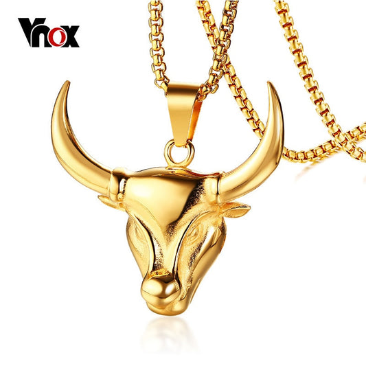 Unique Bull Head Charm Necklace for Men Gold