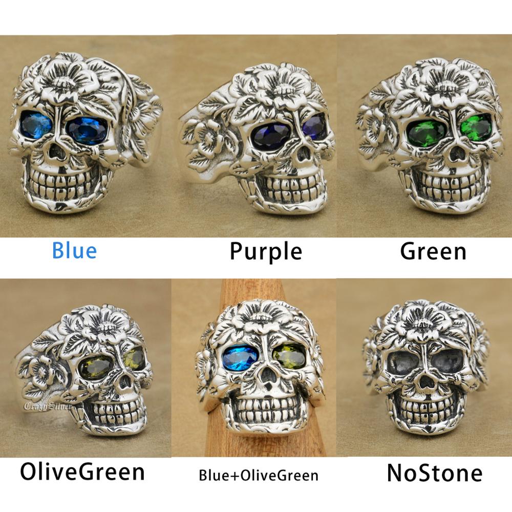 925 Sterling Silver Flower Skull CZ Eyes Mens Biker Rocker Punk Ring US Size 7~15