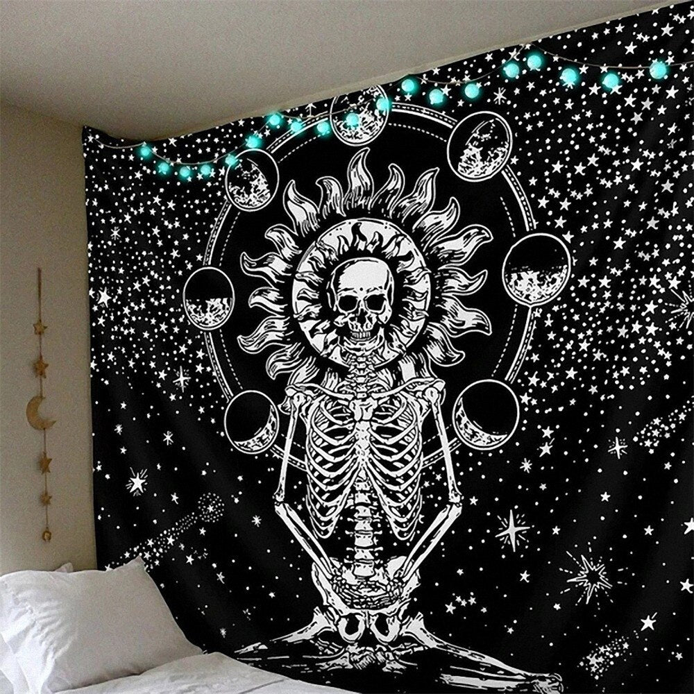 Skull King Meditating In Flowers Moon Tapestry Mandala Carpet