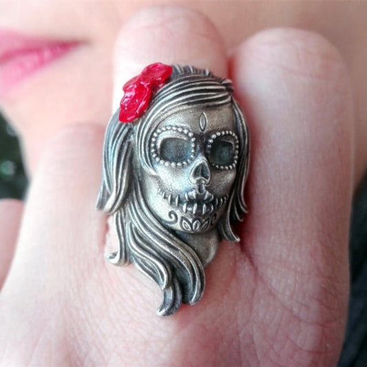 Stainless Steel Flower Sugar Skull Ring