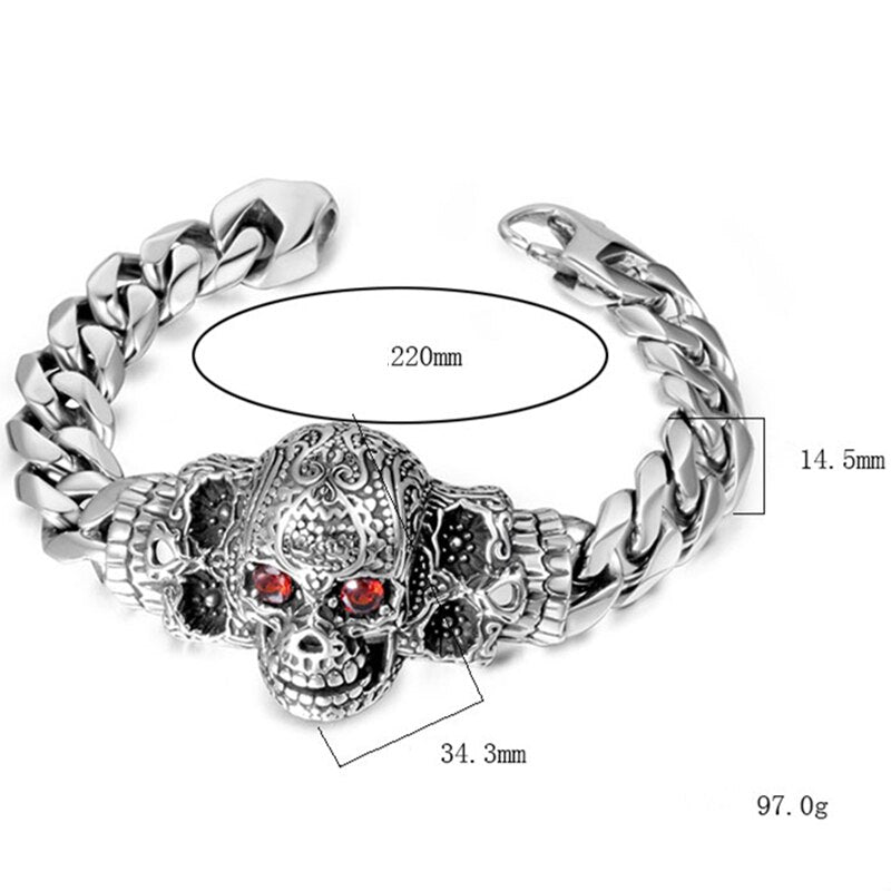 220mm Men's Titanium Steel Big Skull with Red Cubic Zirconia Bracelet