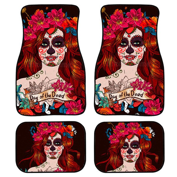 4pcs/Set Day Of The Dead Skull Gothic Car Floor Washable Mats for Front and Back