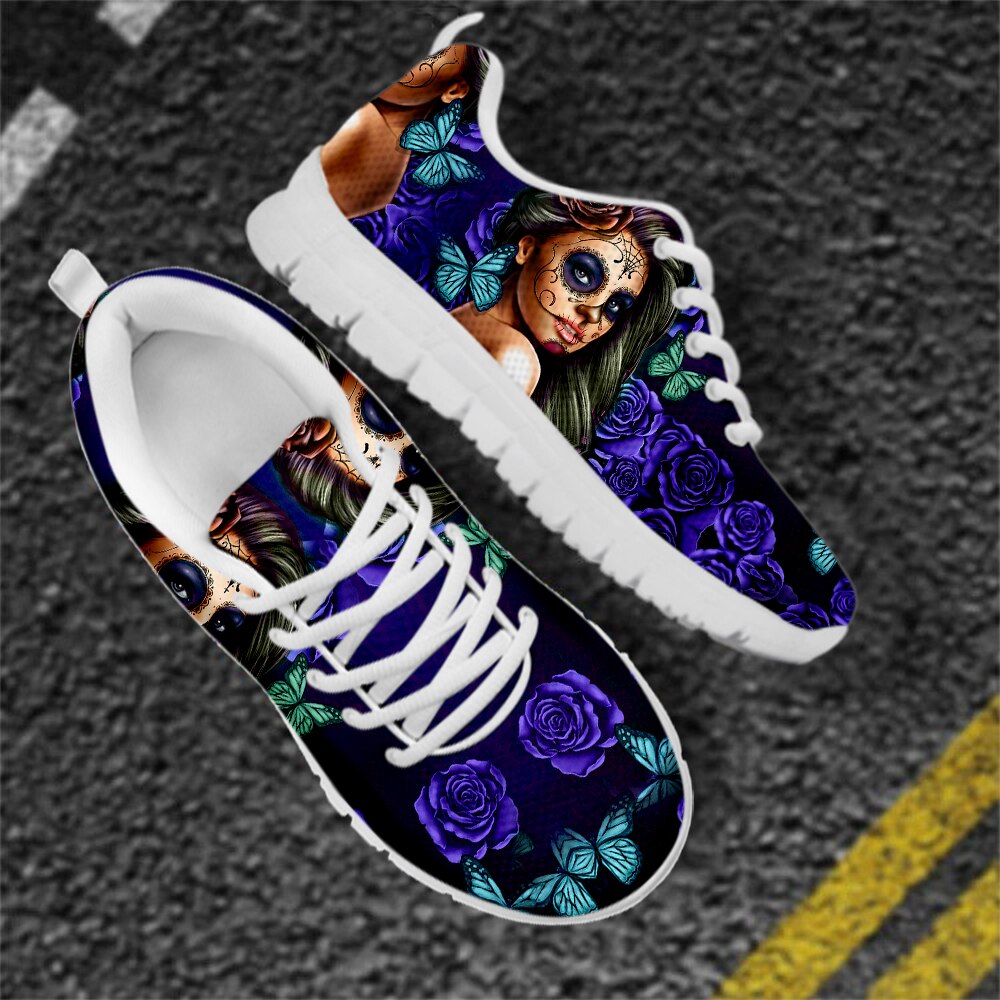 Breathable Shoes Women Flat Sneakers Day of the Dead Print Casual Lace-up