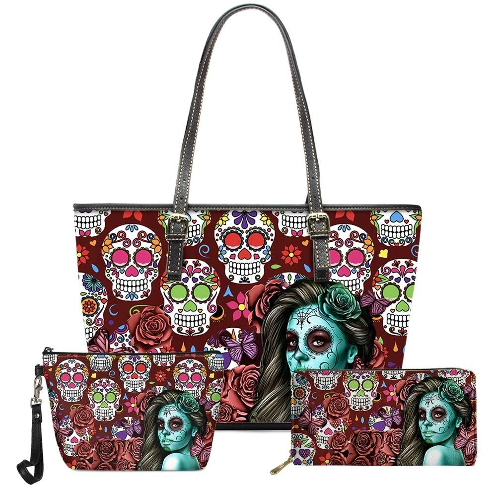 3pcs Fashion Sugar Skull Girl Pattern PU Leather Handbags Women Bag Set