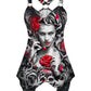Gothic Tshirt Skull Print Tops Shirt with Narrow Straps Women Irregular V-neck Plus Size