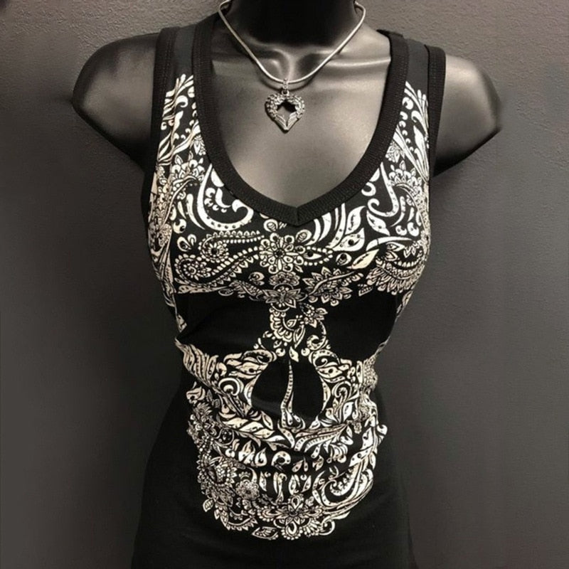 Summer Sexy Skull Print T-shirt Women's Casual O-Neck Sleeveless Slim T-shirt Tops