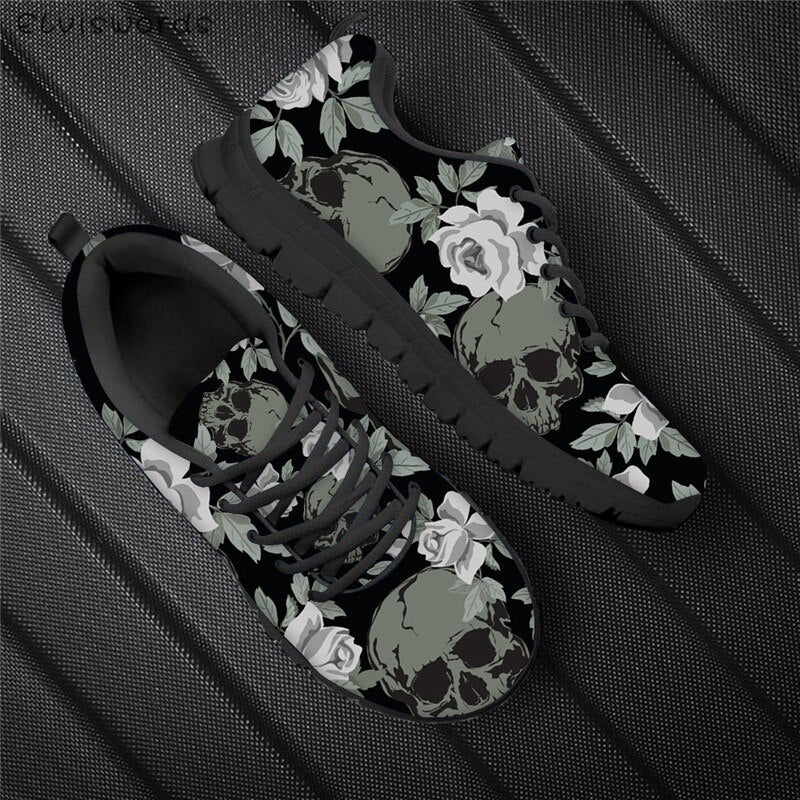 Punk Style Women Flats Skull Head 3D Print Breathable Air Mesh Sneaker Shoes