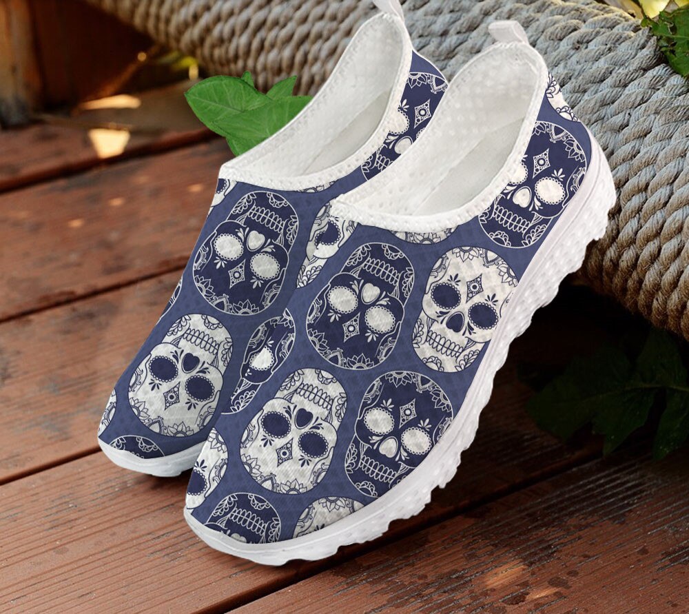 Breathable Ladies Mesh Flat Shoes Brand Design Sugar Skull