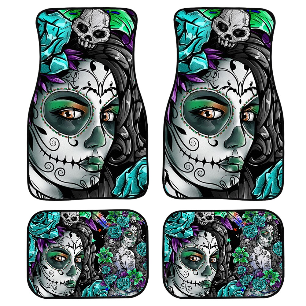 4pcs/Set Day Of The Dead Skull Gothic Car Floor Washable Mats for Front and Back