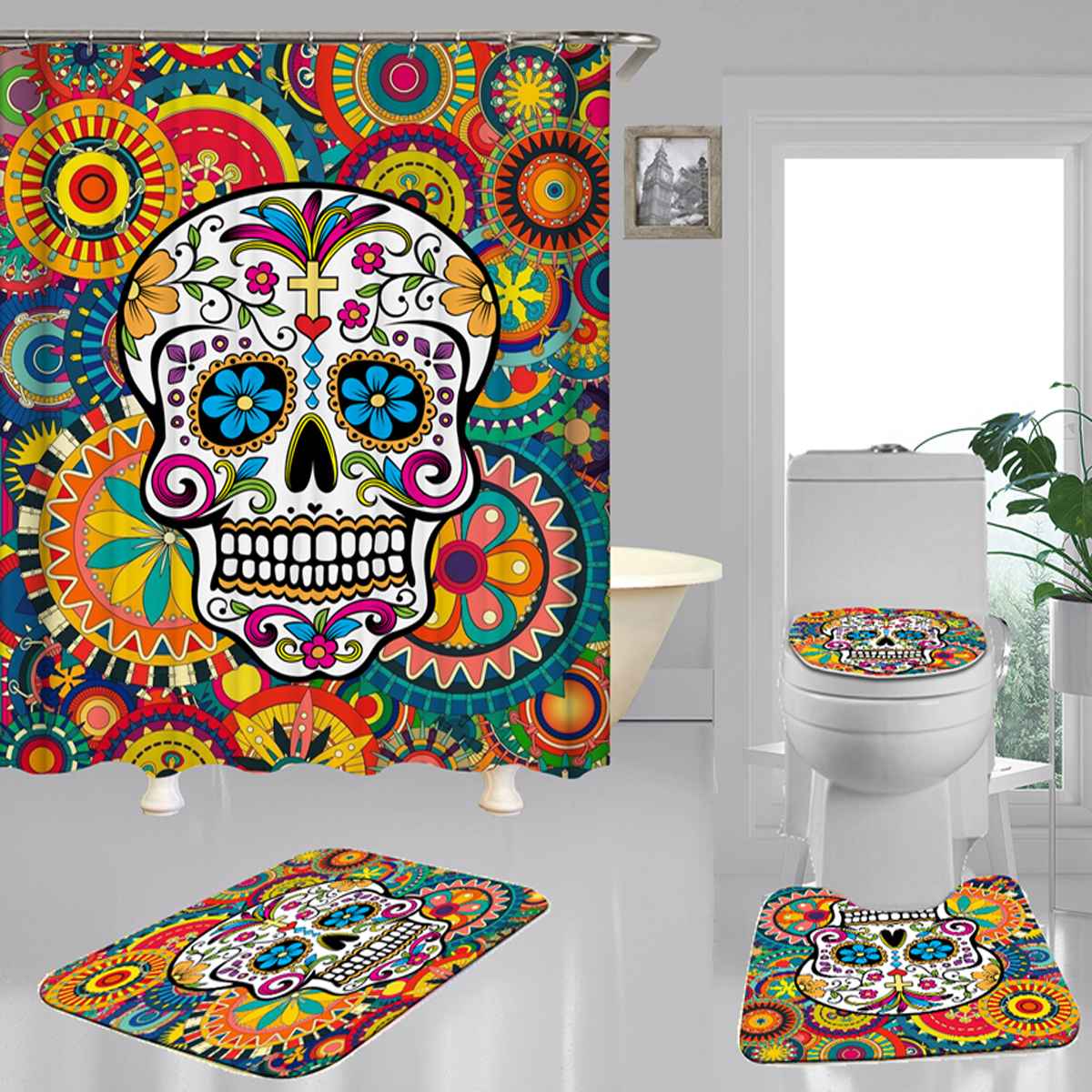 Halloween Skull bathroom curtain Waterproof Shower Curtain Set