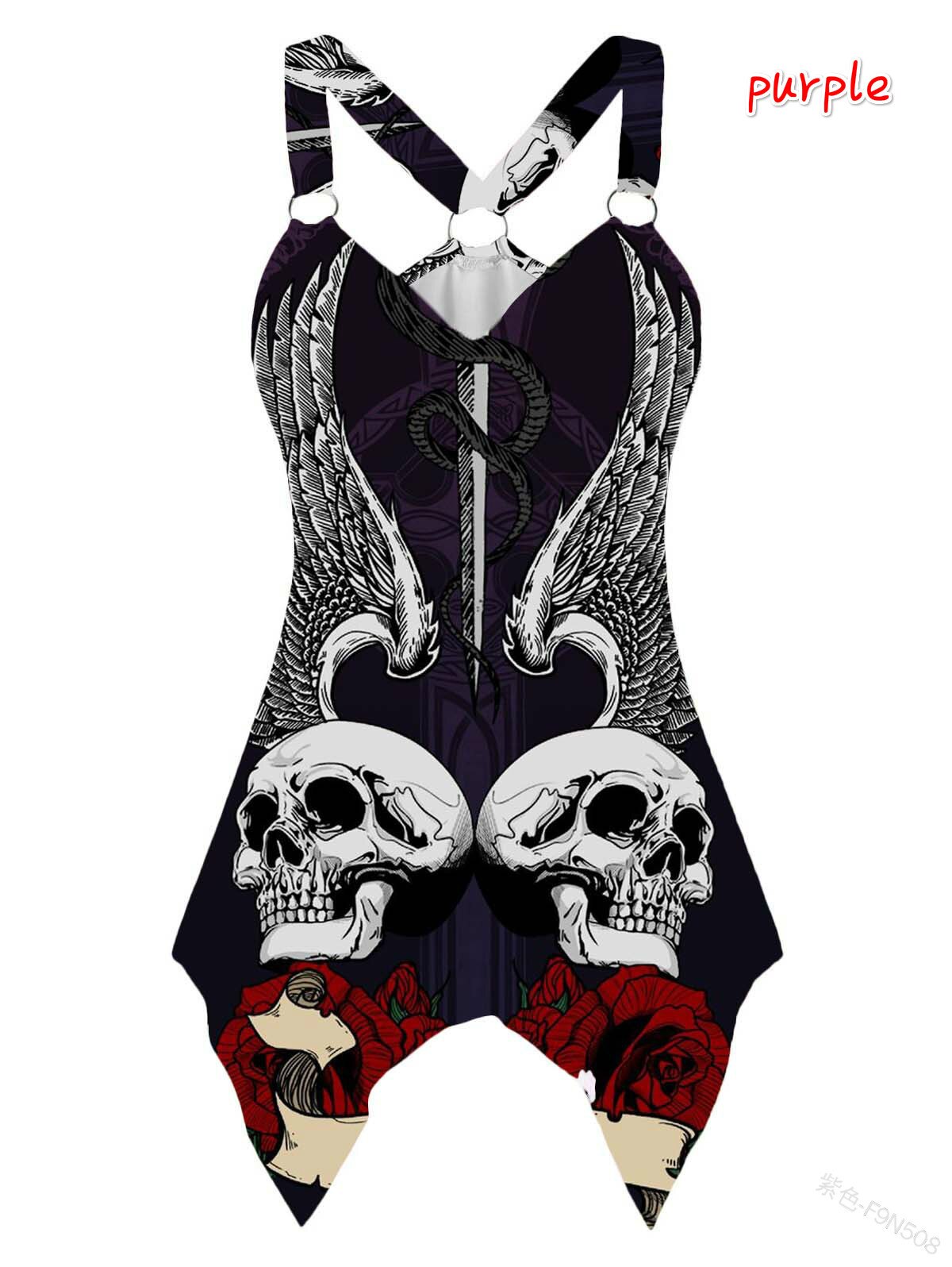 Gothic Tshirt Skull Print Tops Shirt with Narrow Straps Women Irregular V-neck Plus Size