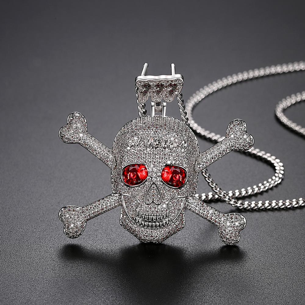 Full Rhinestone Punk Red CZ Stone Skeleton Skull Pendants Necklaces