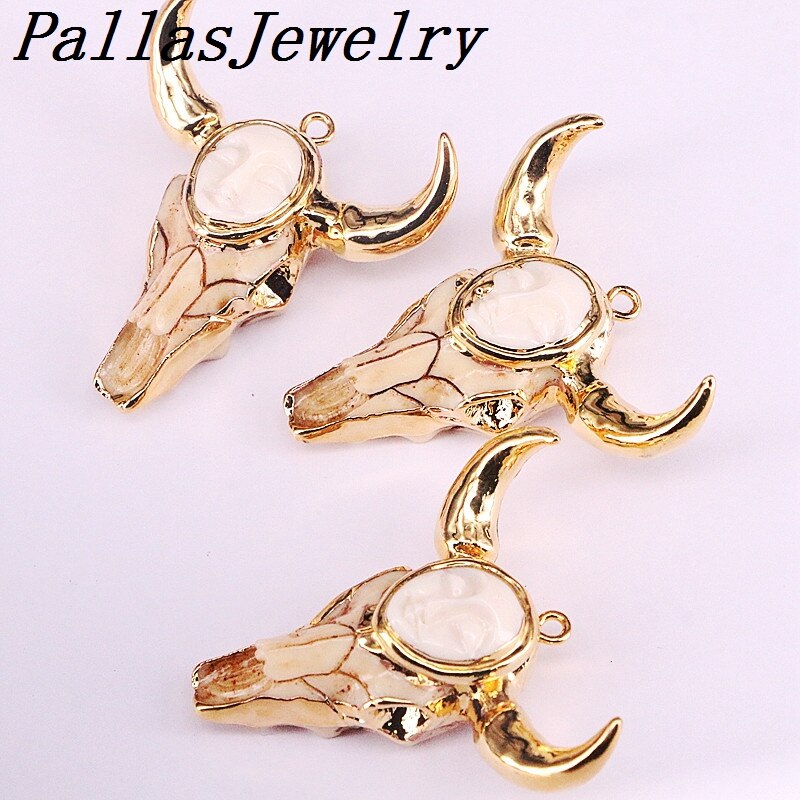 5Pcs Nature Bull Bone Pendant, Gold Filled Bull Head Pendants Necklace