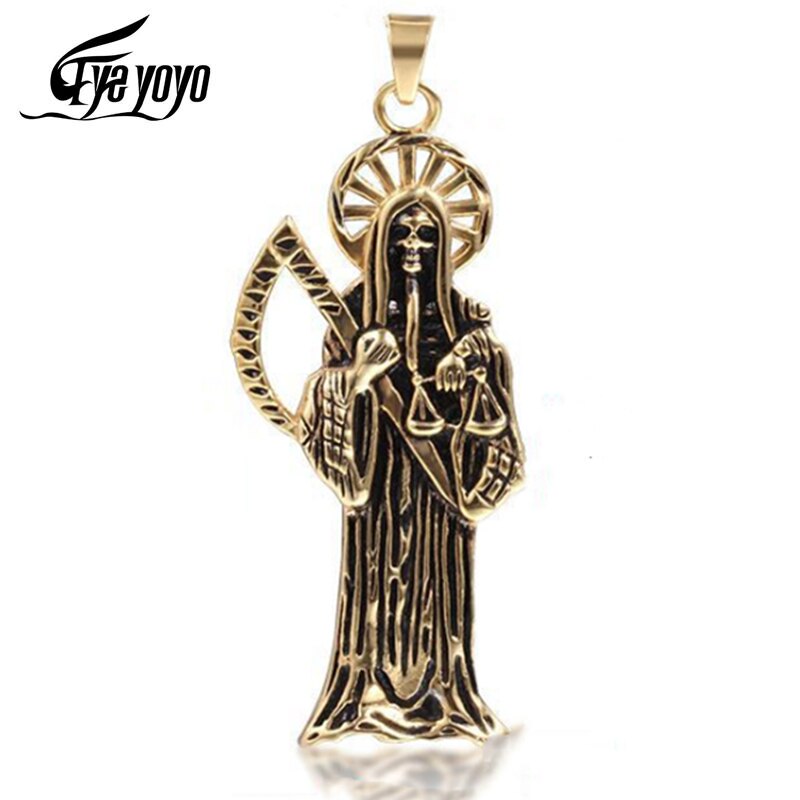 Hip Hop Vintage Holy Saint Death Santa Muerte Skull Biker Pendant Golden