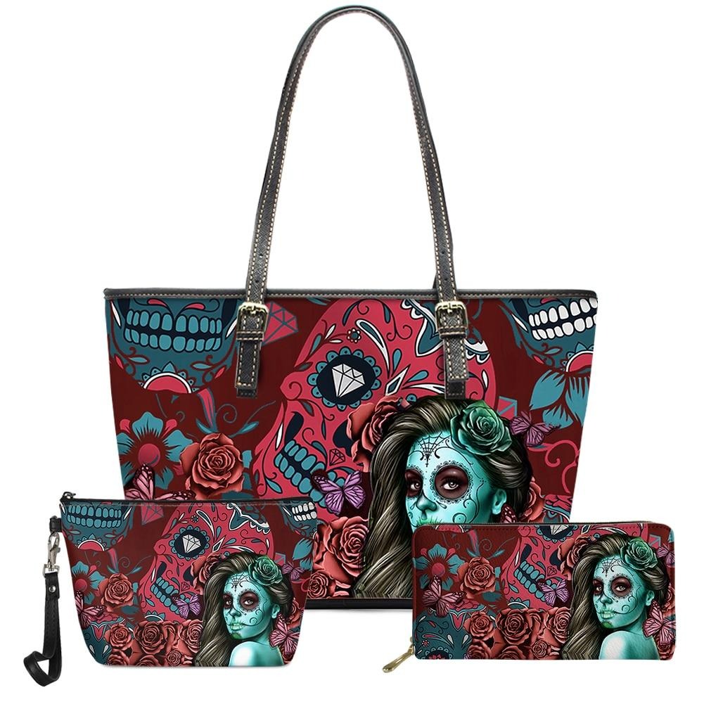 3pcs Fashion Sugar Skull Girl Pattern PU Leather Handbags Women Bag Set