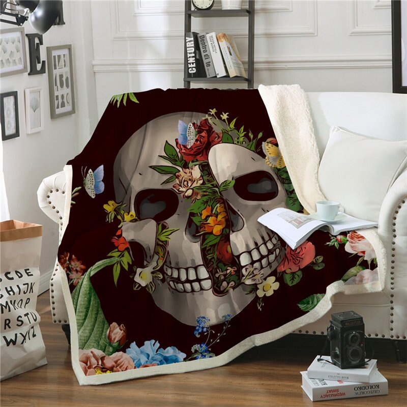 Gothic Throw Blanket Sugar Skull Flower Sherpa Fleece Super Soft Warm