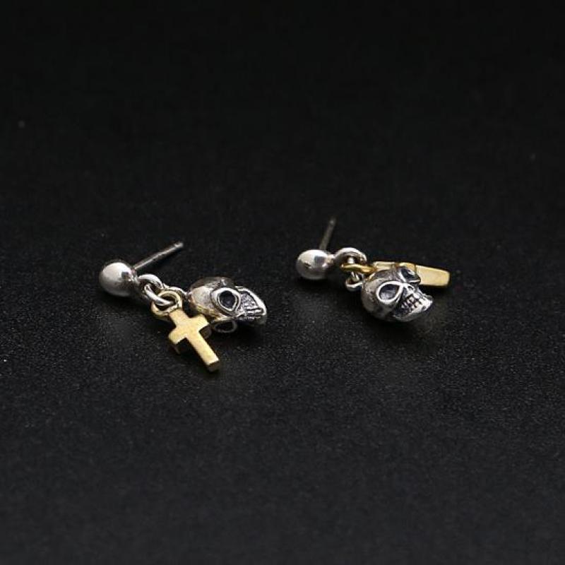 Real Pure 925 Sterling Silver Skull Earrings For Women With Gold