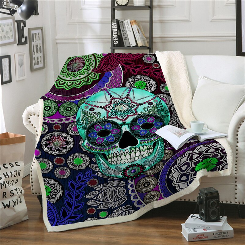 Gothic Throw Blanket Sugar Skull Flower Sherpa Fleece Super Soft Warm