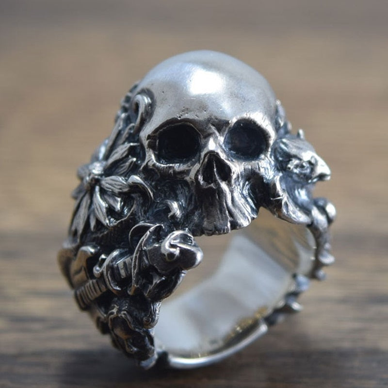 Gothic Music Guitar Flower Skull Ring Gargoyle Stainless Steel