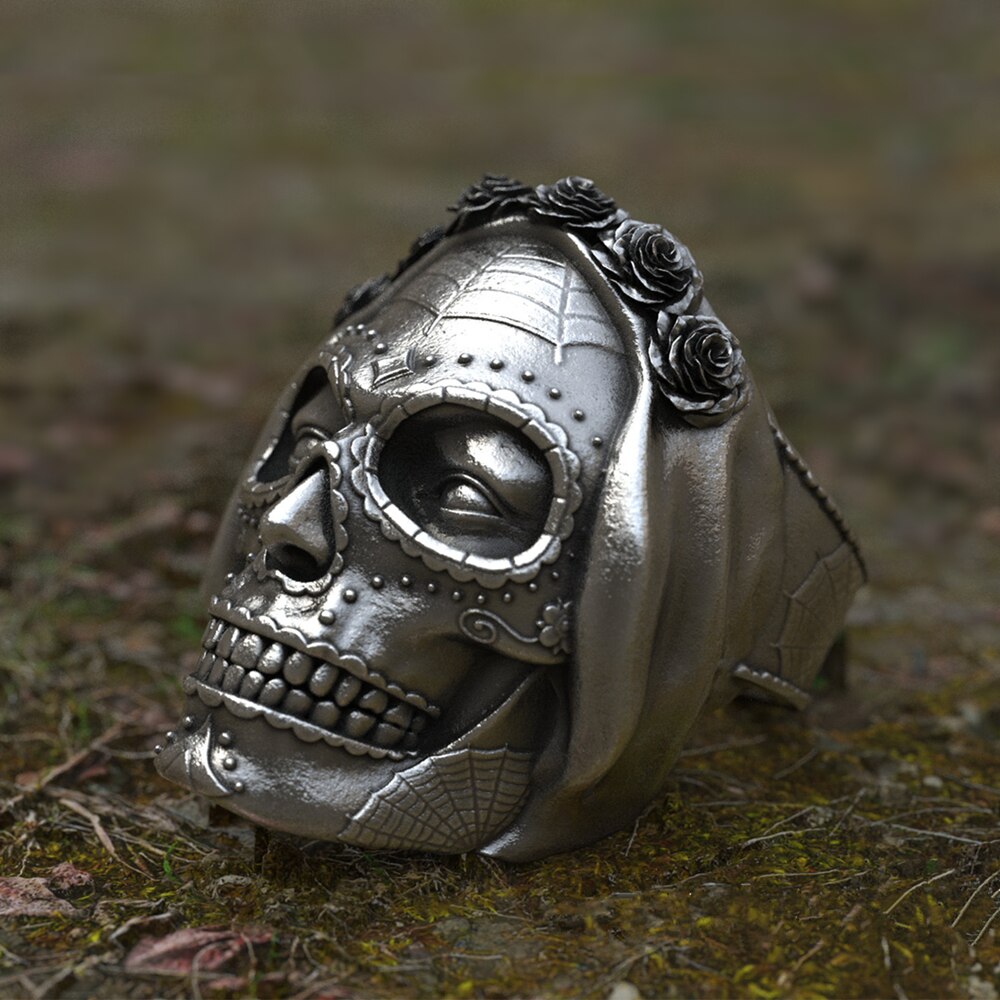 Goth Santa Muerte Ring Rose Crown Sugar Skull Stainless Steel