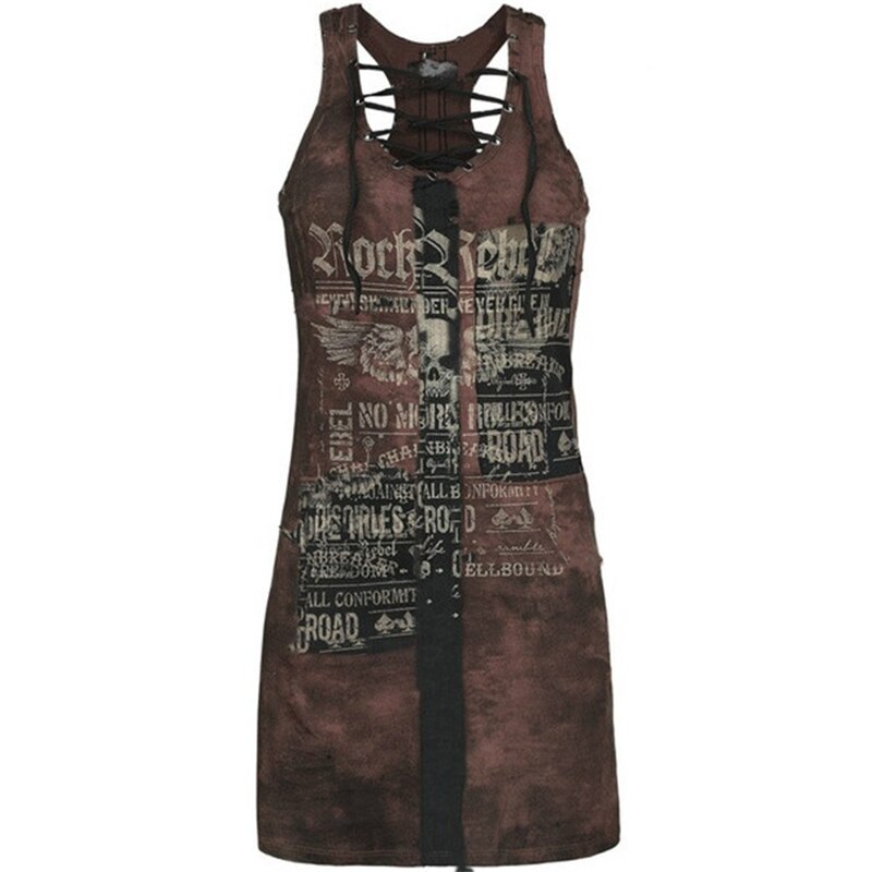 Punk Style Womens Club Gothic Skull Printing Vest Sexy Bandage Sleeveless O Neck Camisole Mini Dress Plus Size